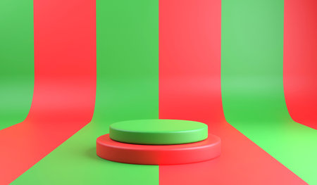 3D rendering podium stack in christmas theme on green and red pattern background, 3d christmas background for product displayの写真素材