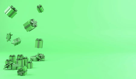 3D rendering falling christmas presents on green background, 3d illustration christmas green monochromeの写真素材