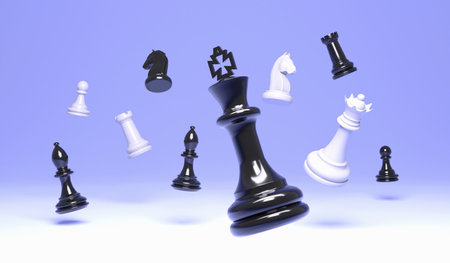 3D chess  illustration king, queen bishop and pawn horse rook on blue background , 3d rendering chess concept backgroundの写真素材