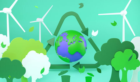 3D rendering global recycle , 3D illustration go green and recover environment. reduce global warming conceptの写真素材