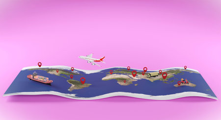 3D rendering world map and GPS pin , transportation ecosystem for customer service around the world