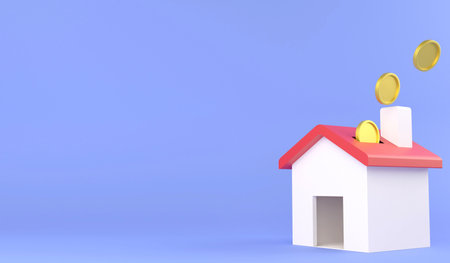 3D rendering drop coin to house of piggy bank , 3D illustration saving money and investment of real estate conceptの写真素材