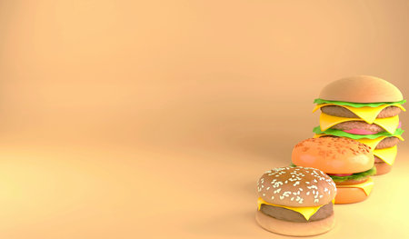 3D rendering multiple size of hamburger, 3D illustration fast food concept and copy spaceの写真素材