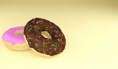 3D rendering donut on yellow background . 3D illustration fast food concept and copy spaceの写真素材