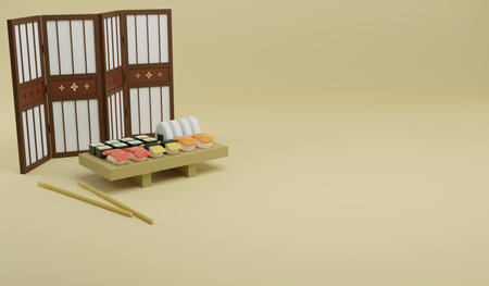 3D rendering sushi on sushi tray on yellow background, 3D illustration japanese food and copy spaceの写真素材
