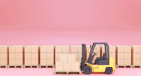 3D rendering forklift transporting on red background and a backdrop row of wooden palletの写真素材