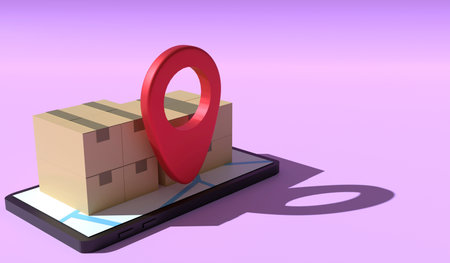 3D rendering e-comerce online mobile service with product Distribution to customer and GPS pin for location trackingの写真素材