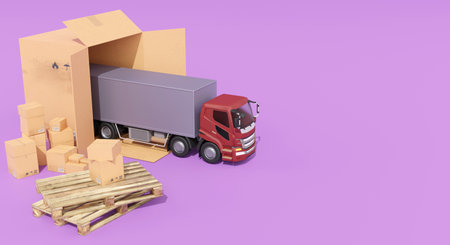 3D rendering truck is driving out of brown box , logistic and delivery concept , the big brown box make it look like warehouse surrounded by truck , pallet and boxの写真素材