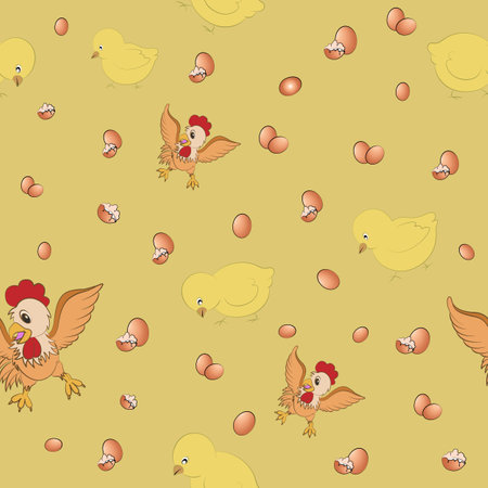 Chicken and chick and egg pattern seamless vector on yellow background , animal pattern seamlessのイラスト素材