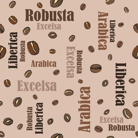 Coffee beans and type of coffee beans sign pattern seamless vector on brown background , coffee beans pattern seamless wallpaperのイラスト素材