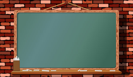 Hanging blackboard and chalk box vector on colorful brick wall background. chalkboard for copy space. blank blackboard illustration vectorのイラスト素材