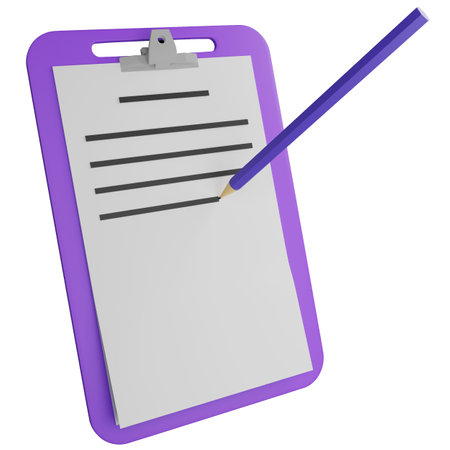 3D render paper on clipboard and pencil icon isolated on white backgroundの写真素材