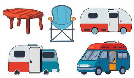 Camping equipment clipart vector set flat design on white background, camping concept isolated icon set element No.4のイラスト素材