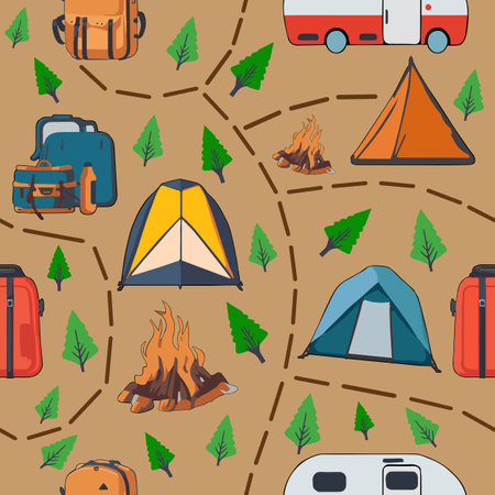 Camping element pattern seamless vector on brown background , camping pattern seamless wallpaperのイラスト素材