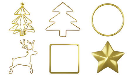 Golden line design prop clipart element ,3D render Christmas decoration concept icon set isolated on white backgroundの写真素材