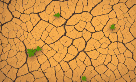 Dry and broken orange soil and tiny tree vector background , texture of grungy dry cracking parched earthのイラスト素材