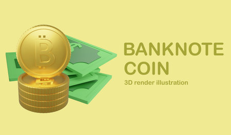 Banknote and coin banner and copy space on yellow background , 3D render finance and money illustration conceptの写真素材