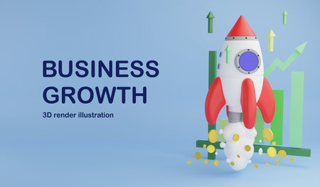 Rocket launch growth business banner and copy space on blue background , 3D render business illustration conceptの写真素材