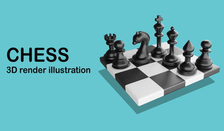 Chess banner and copy space on blue sky background , 3D render chess illustration conceptの写真素材