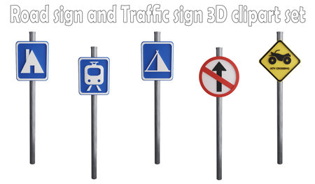 Road sign and traffic sign clipart element ,3D render road sign concept isolated on white background icon setの写真素材