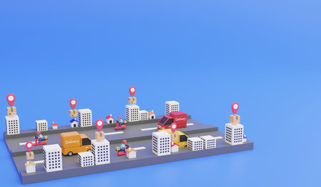 Transportation delivery by van and motorbike , 3d render logistic and delivery icon concept and copy space on blue backgroundの写真素材
