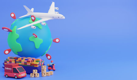 Global logistic system, 3d render logistic and delivery icon concept and copy space on blue backgroundの写真素材