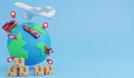 Global logistic system, 3d render logistic and delivery icon concept and copy space on blue backgroundの写真素材