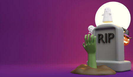 Zombie hand rising out from the ground on Halloween day wallpaper, 3D render Halloween concept and copy space on purple backgroundの写真素材
