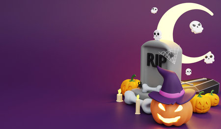 Headstone and pumpkins , 3D render Halloween icon concept and copy space on purple backgroundの写真素材