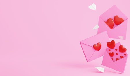 Love heart letter and paper plane, 3D render Valentine concept and copy space on pink background