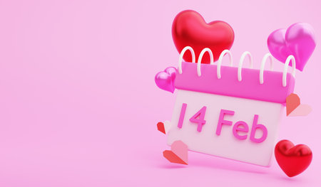 14 february on calendar, 3D render Valentine concept and copy space on pink backgroundの写真素材