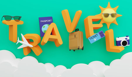 Travel wallpaper illustration, 3D render Summer and travel concept on green backgroundの写真素材