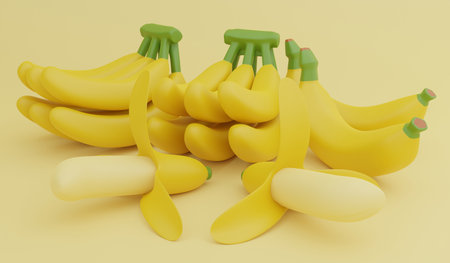 Banana wallpaper illustration, 3D render food and beverage concept on yellow backgroundの写真素材