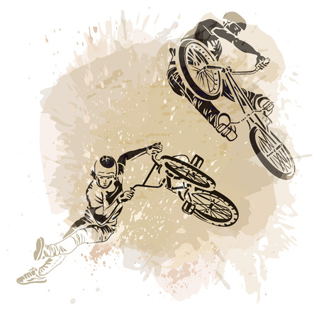 rider jumping on a artistic abstract background. Handcrafted spot. Good for print, web, flayer design.のイラスト素材
