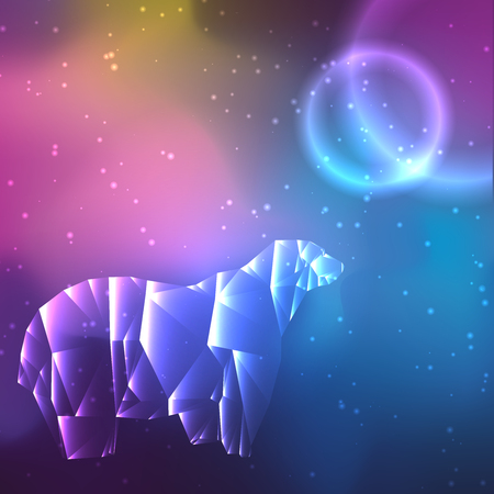 Low poly crystal polar bear. Space background with stars and planets. Cosmos glowing. Vector illustrationのイラスト素材