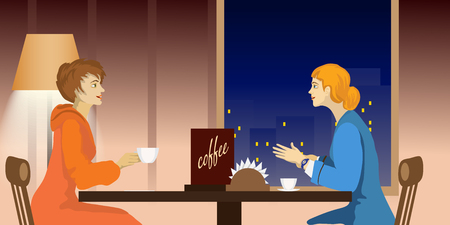 Two women talking in a cafe sitting at a tableのイラスト素材