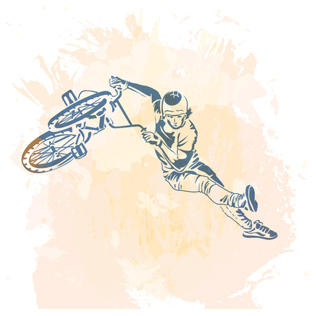 Bike rider jumping on a artistic abstract background. Handcrafted spot. Good for print, web, flayer design.のイラスト素材