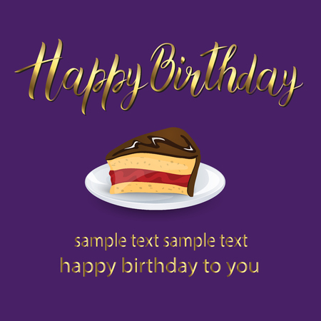 Happy birthday lettering card with cake and gold letters. Purple background. Good for greeting cardのイラスト素材