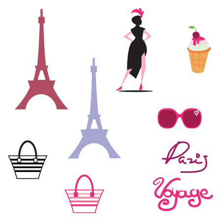Paris isolated icon set on Paris theme with well known signs and elements of France on a white backdrop.のイラスト素材