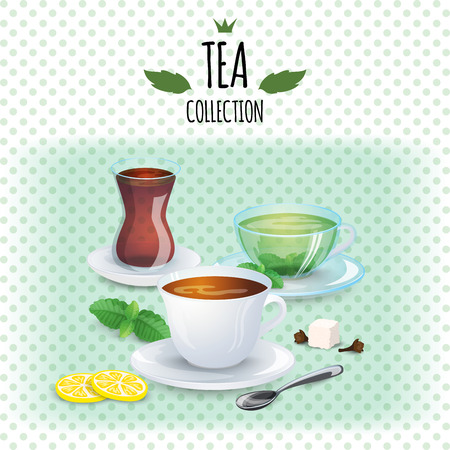 Tea collection illustration. Different styles cups and glass. Mint, black, green and oriental tea. Mint leaf and lemon slices.のイラスト素材