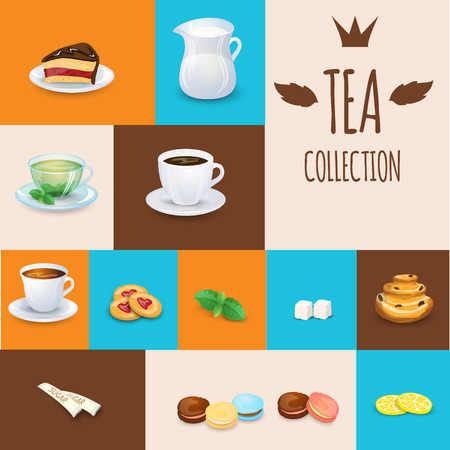 Set of tea drinks, sweets and bakery products. Some different illustrationsのイラスト素材
