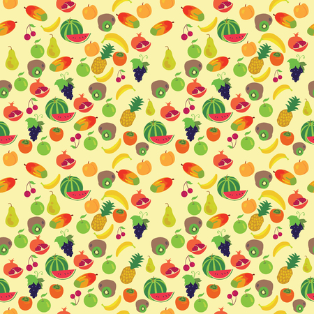 Fruit pattern on a yellow background. Different kind of fruitsのイラスト素材