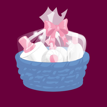 Basket with cosmetics gifts, transparent top and pink bow-knot. Vector illustrationのイラスト素材