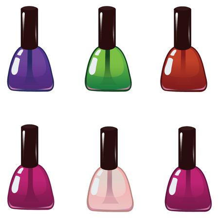Nail polish in different colors. Illustration of realistic nail polish in glass bottles isolated on white background.のイラスト素材