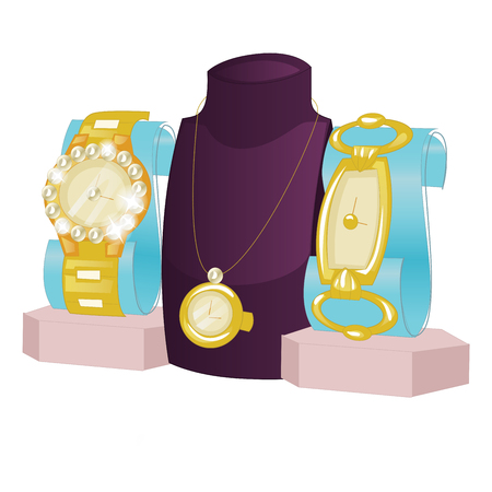 Busts and Jewelry and a gold watch isolated on a white background.のイラスト素材