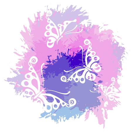 Butterflies silhouettes isolated on white background. Paint spot with splash in watercolour style.のイラスト素材