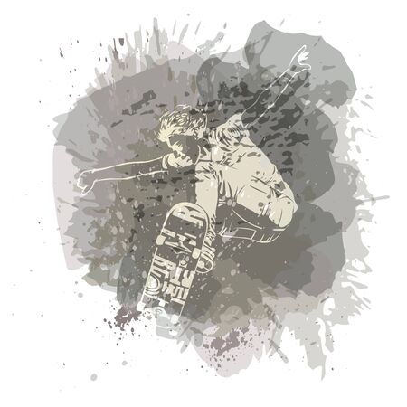 Skateboarder jumping on paint spot with splash in watercolour style background. Skates and skateboards icon. Extreme theme modern print.のイラスト素材