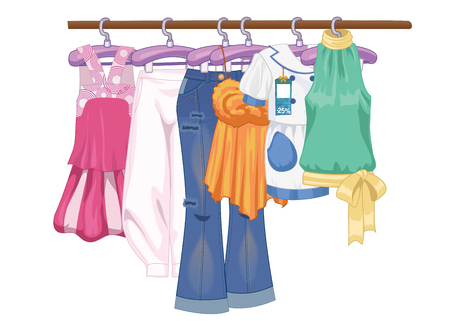 Illustration for Clothes on hangers. Women s and teenager s clothes in flat style vector illustration - Royalty Free Image