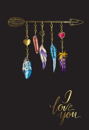 Golden luxary Boho elements. Vector illustration with feathers, arrow and chains. Ornamental bird feathers isolated on black. I love you letteringのイラスト素材