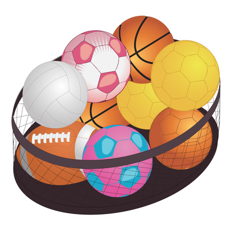 Different game balls In the big basket isolated on white. Vector illustrationのイラスト素材